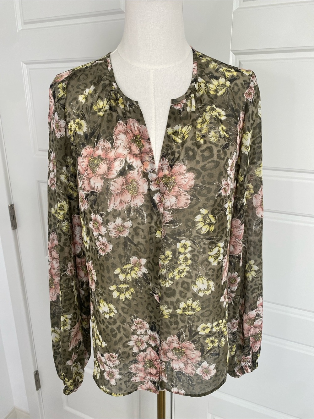 WHBM Breeze Floral Leopard Sheer Blouse Dusty Olive Medium NWT